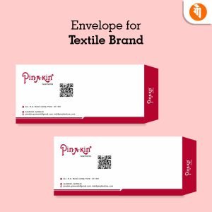 Envelope designed for a textile brand, featuring the brand's logo, contact information, and textile patterns.