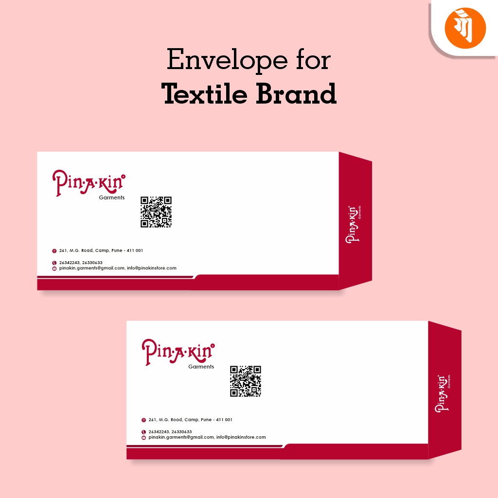 Envelope designed for a textile brand, featuring the brand's logo, contact information, and textile patterns.