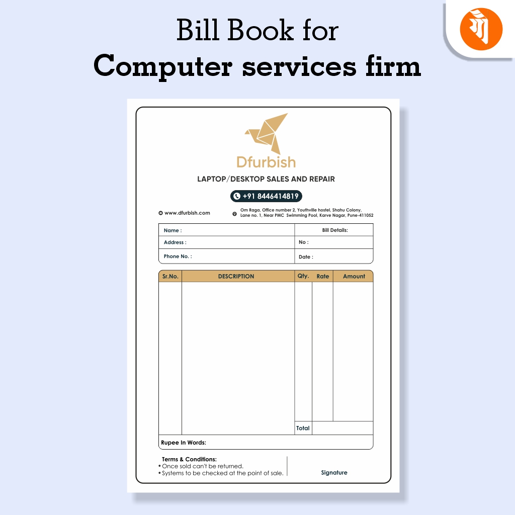 Custom bill book designed and printed for a computer repair and sales shop, featuring their logo, contact details, and branding.