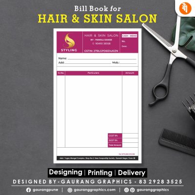 Bill book design by Gaurang Graphics for a hair salon, featuring a stylish and functional design for accurate invoicing and record-keeping.