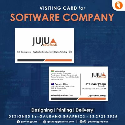 Business card designed by Gaurang Graphics for a software company, featuring company logo, contact information, and a technology-related design element.