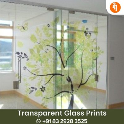 Modern office interior featuring a transparent printed glass partition with a company logo.